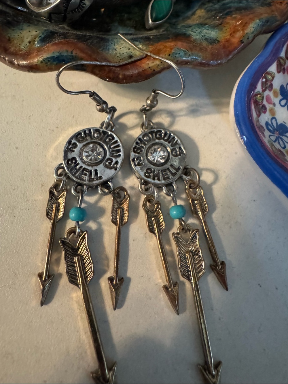 Silver & Gold Western Shotgun Shell Turquoise Dangly Boho Earrings